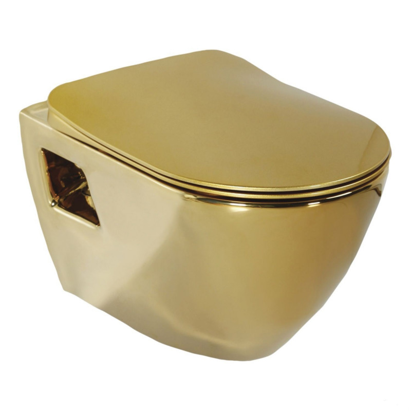 Wandcloset Zonder Spoelrand Diepspoel Glans Goud Inclusief zitting