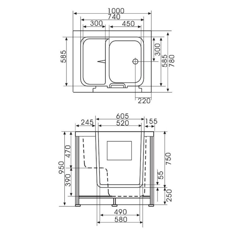 Instap Zitbad  Flush Links 100X78X113 Met Whirlpool en Douche Opbouwdeel