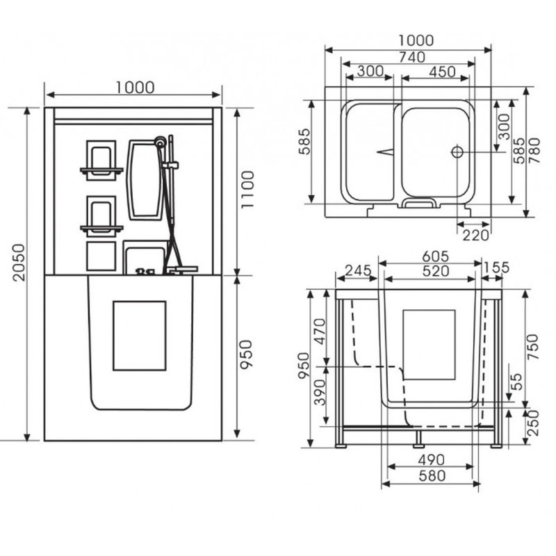 Instap Zitbad  Flush Links 100X78X113 Met Whirlpool en Douche Opbouwdeel